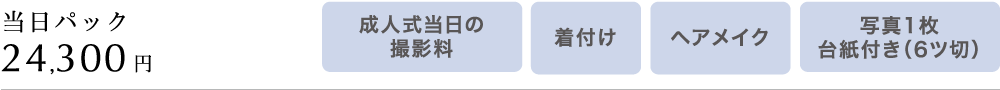 当日パック24,300円　成人式当日の撮影料　着付け　ヘアメイク　写真1枚台紙付き（6ツ切）
